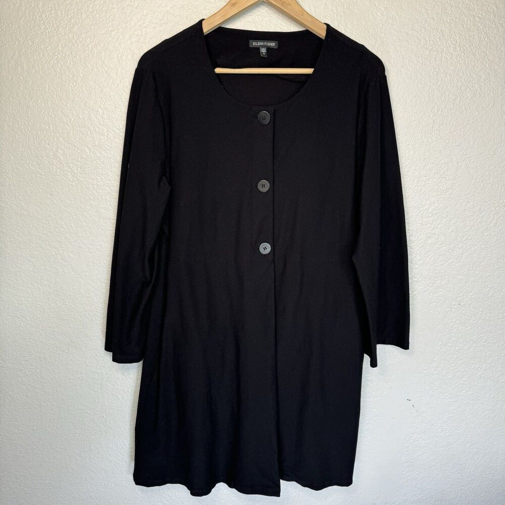 Eileen Fisher Long Jacket Blazer Black Button Front Stretch Collarless Women M